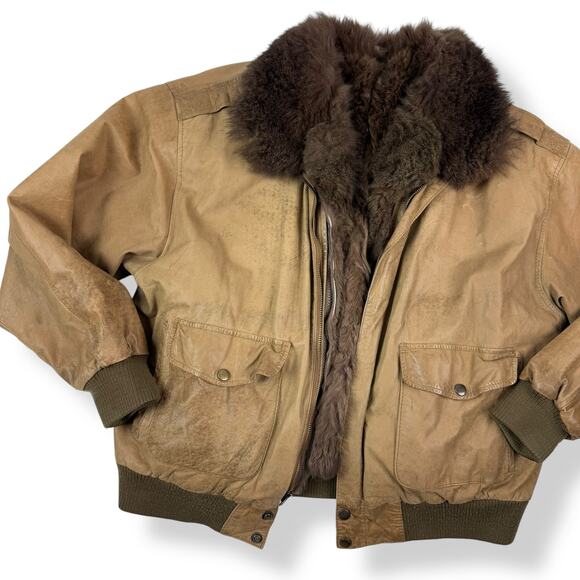 1970's Opossum fur lined distressed leather German aviator jacket by SAVAGE